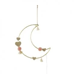 Maisons Du Monde Déco Lumineuses Enfant Décoration Lumineuse Lune En Métal Doré Et Rose Avec Pompons Et Cœurs Pailletés